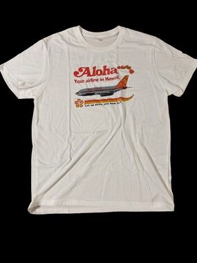 Aloha Vintage Airline Graphic Tee - White with Red & Orange Print *NEW* size L